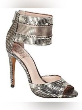 Vince Camuto Metallic Silver Sequin Ankle-Cuff Stiletto Sandals
